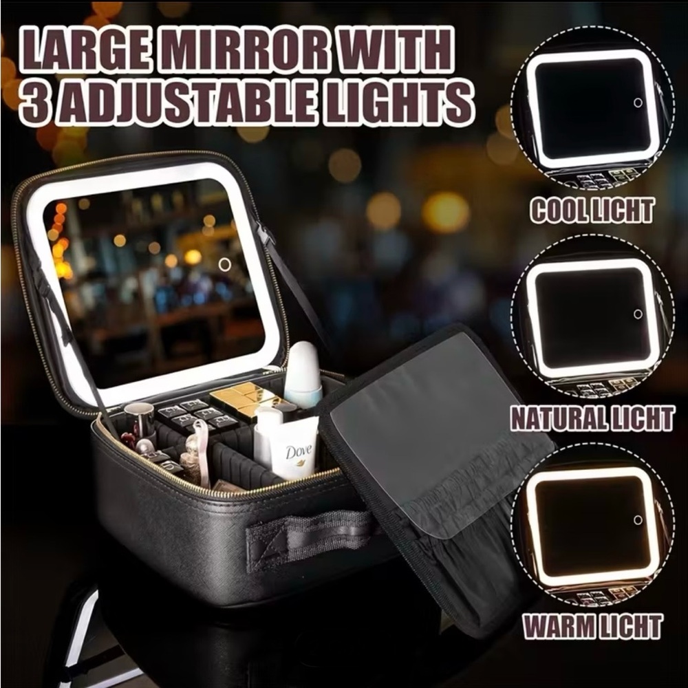 Portable Black Makeup Case with Mirror and Lights